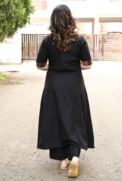 Black Handloom Cotton Ajrakh Patch Work Kurta with Hand Kantha Work