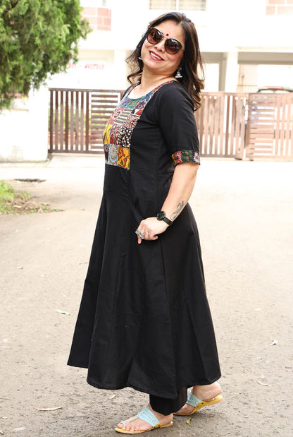Black Handloom Cotton Ajrakh Patch Work Kurta with Hand Kantha Work