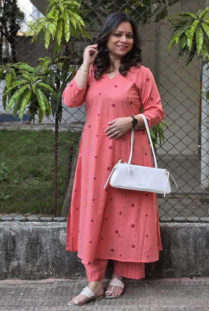 Nazakat peach Handloom Cotton Co-Ord Set