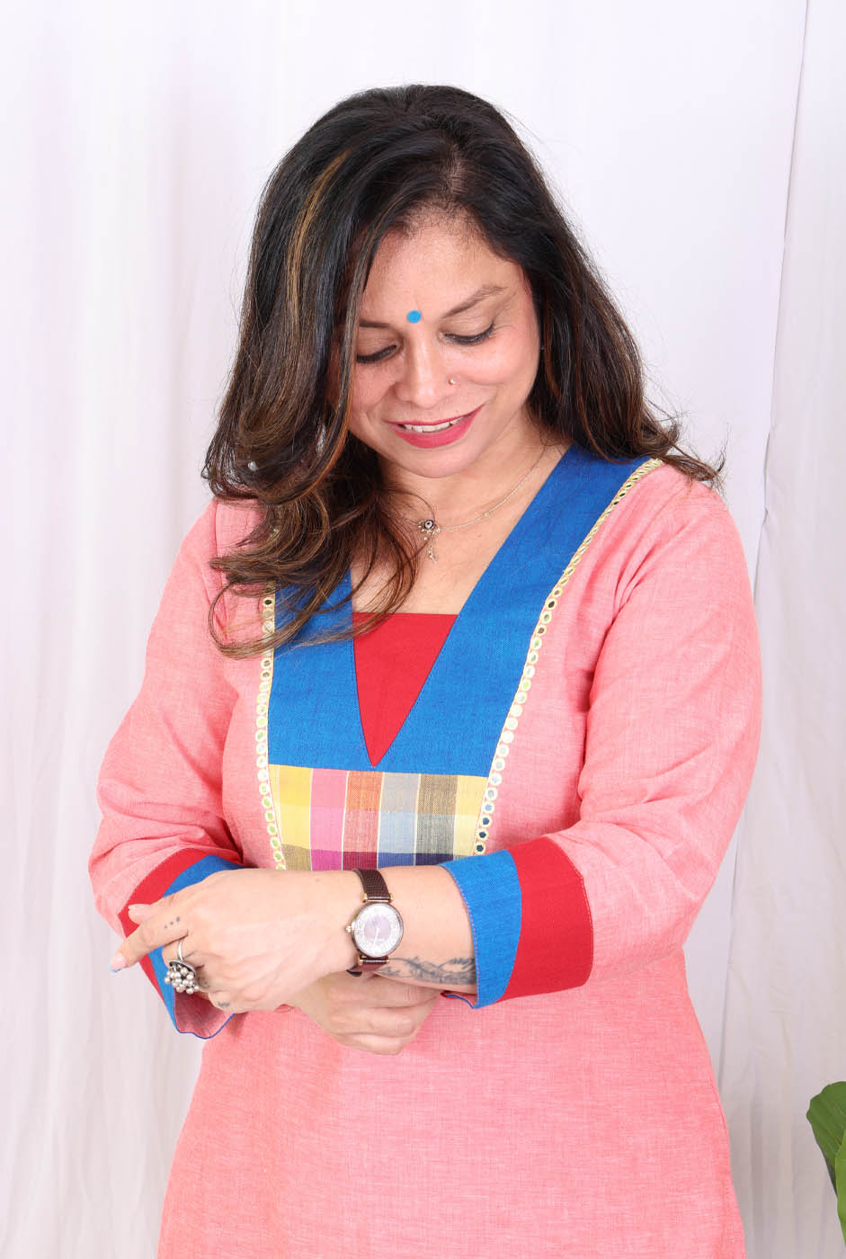 Peach Kurta Pant Set with Sequin Highlighted Yoke