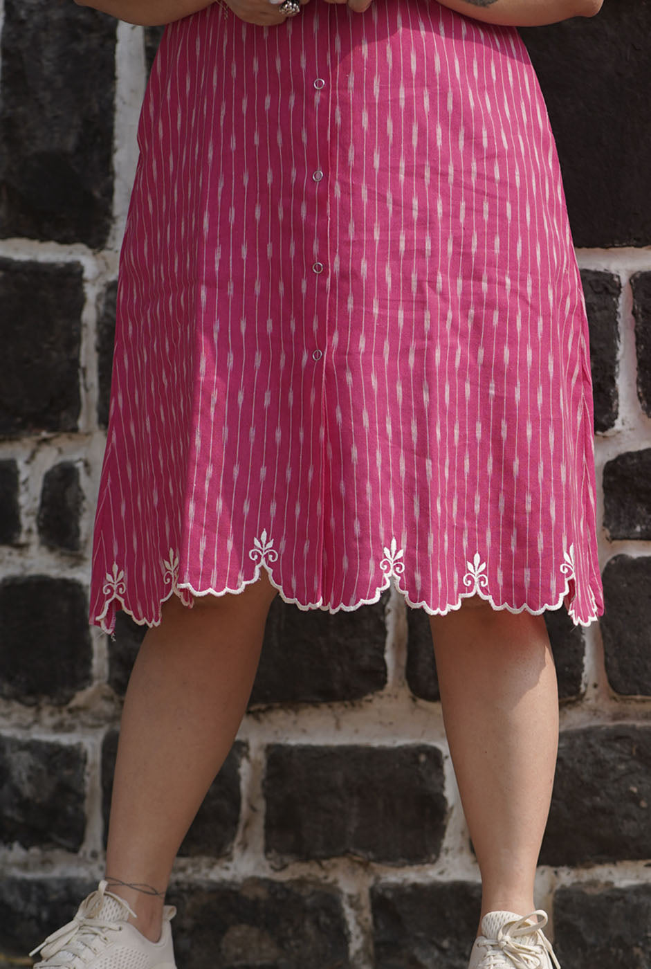 Pink Ikat Knee-Length Dress with Cutwork
