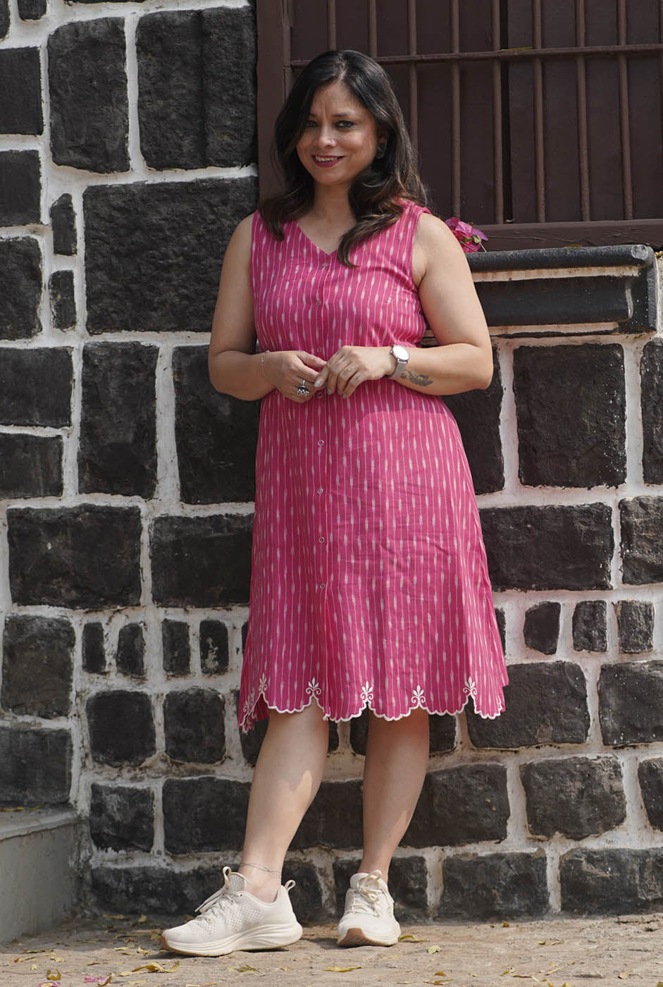Pink Ikat Knee-Length Dress with Cutwork
