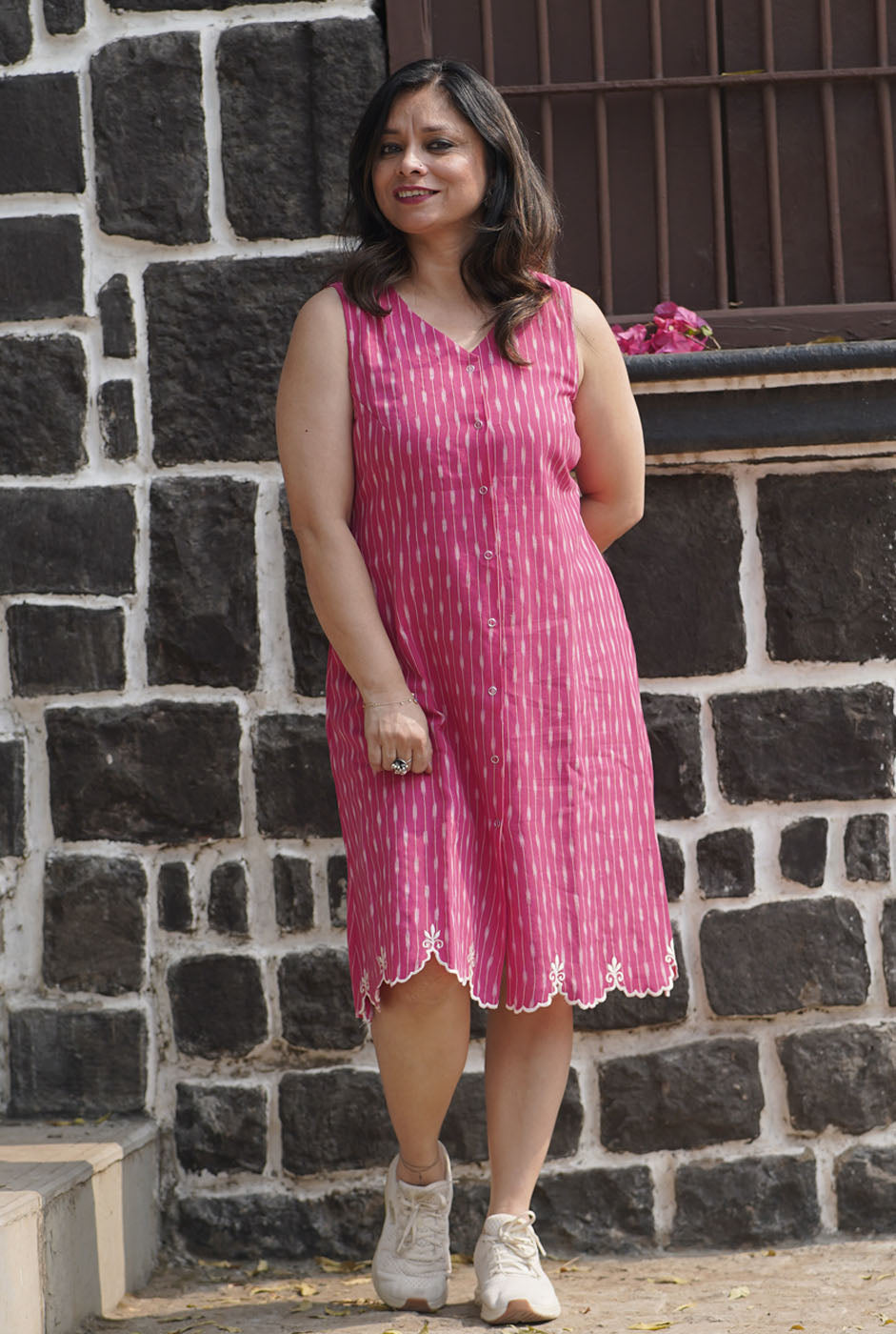 Pink Ikat Knee-Length Dress with Cutwork