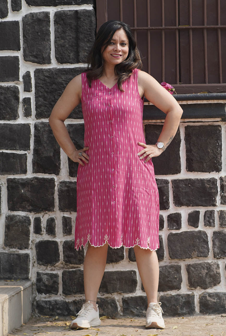 Pink Ikat Knee-Length Dress with Cutwork