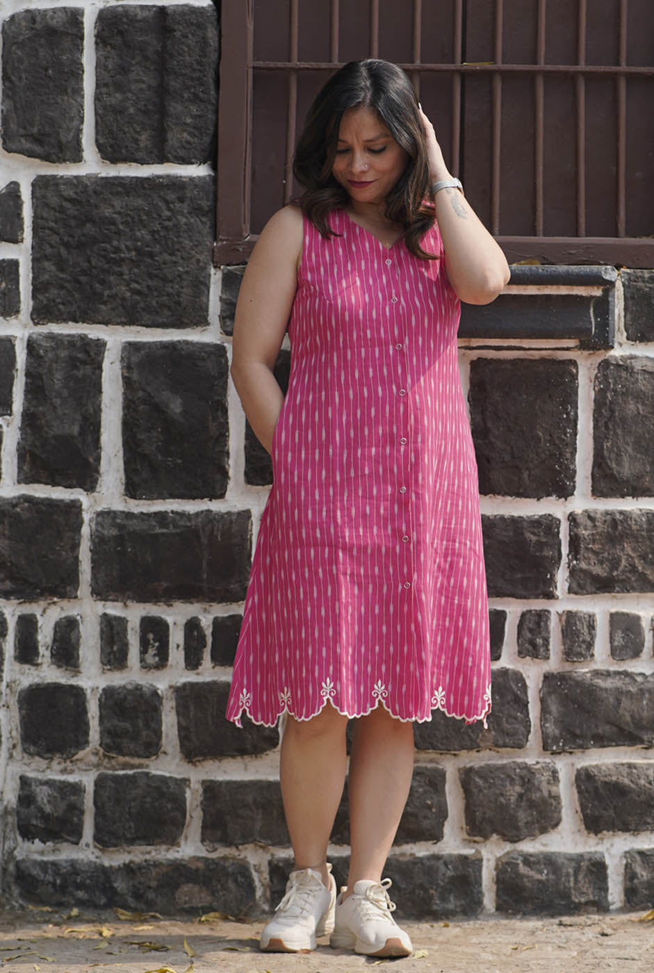Pink Ikat Knee-Length Dress with Cutwork