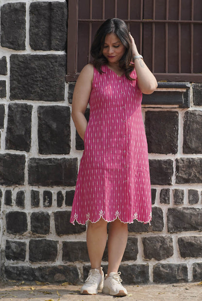 Pink Ikat Knee-Length Dress with Cutwork