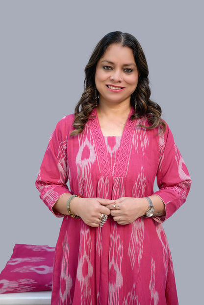 Uzbek Ikat Pink Kurta with Lace Detailing