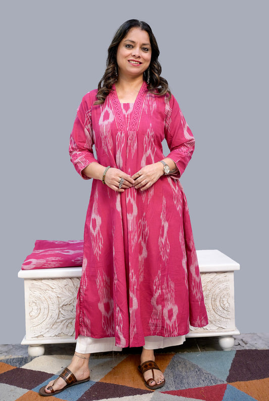 Uzbek Ikat Pink Kurta with Lace Detailing