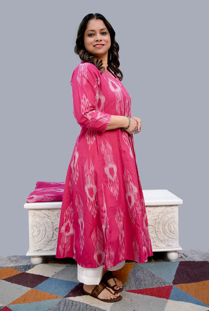 Uzbek Ikat Pink Kurta with Lace Detailing