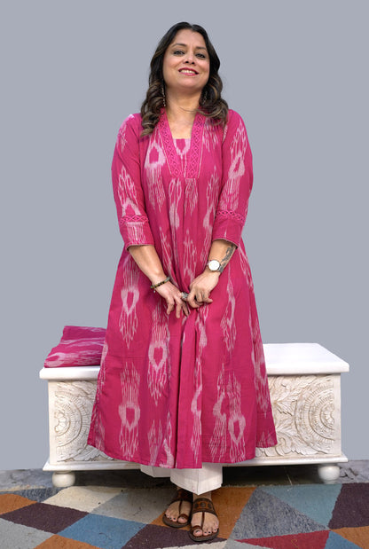 Uzbek Ikat Pink Kurta with Lace Detailing