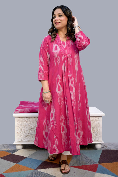 Uzbek Ikat Pink Kurta with Lace Detailing