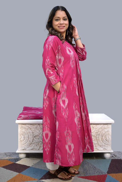 Uzbek Ikat Pink Kurta with Lace Detailing