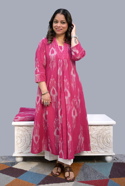Uzbek Ikat Pink Kurta with Lace Detailing
