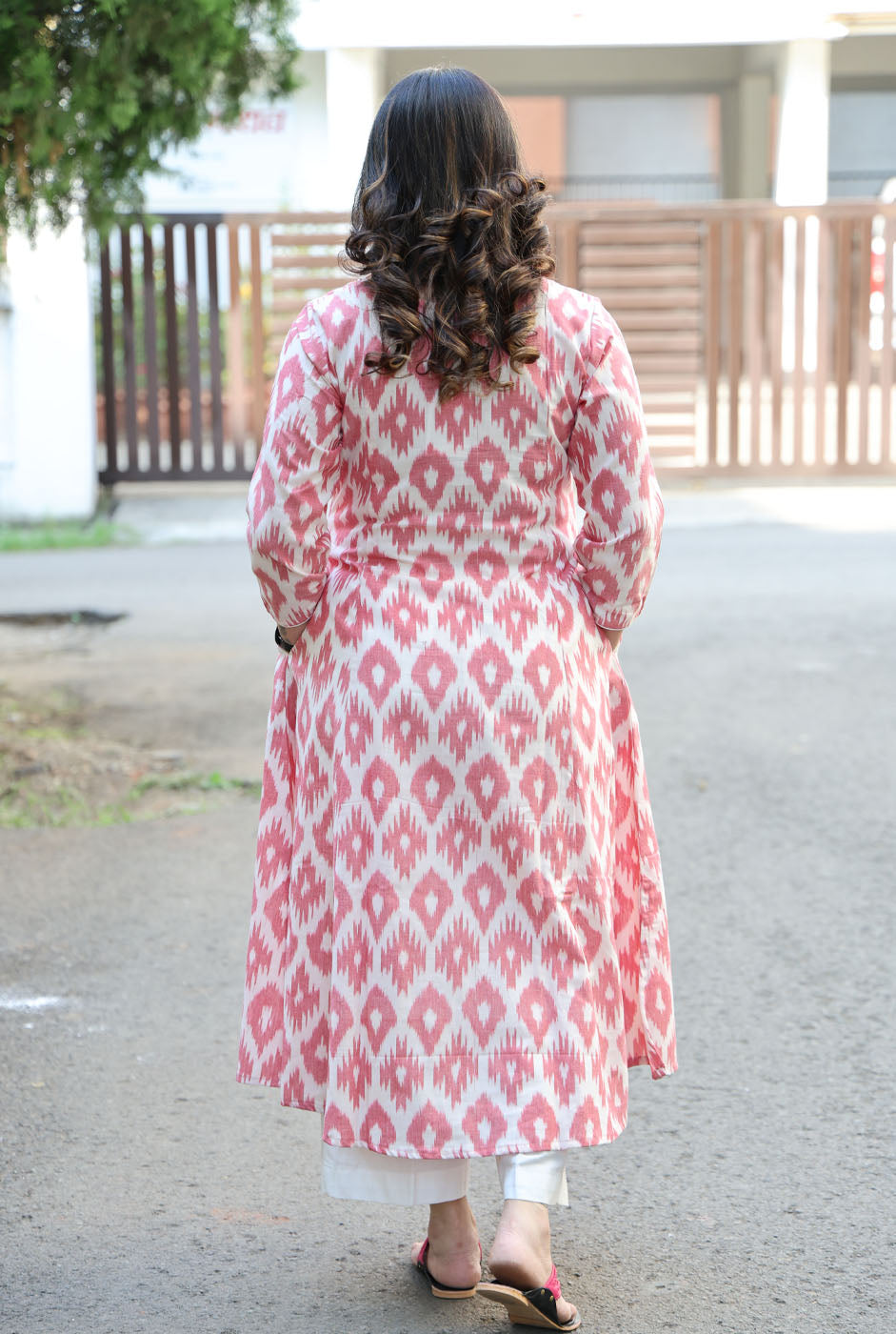 Peach Ikat Kurta with Hand Mirror Work on Front Panel
