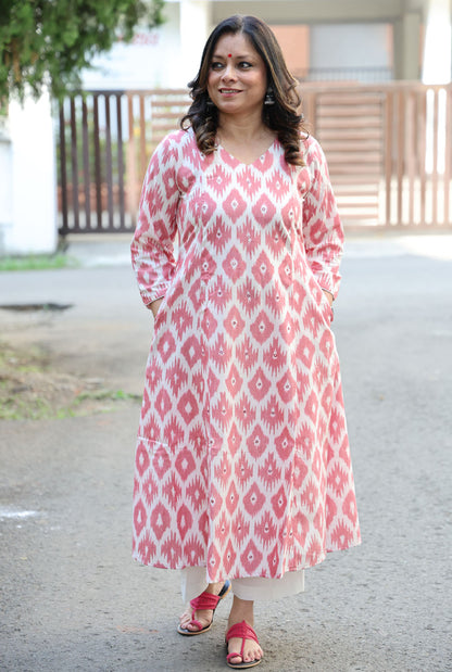 Peach Ikat Kurta with Hand Mirror Work on Front Panel