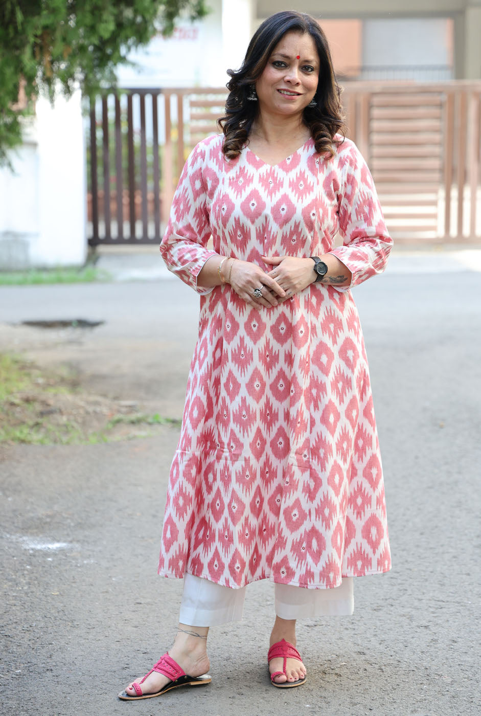 Peach Ikat Kurta with Hand Mirror Work on Front Panel