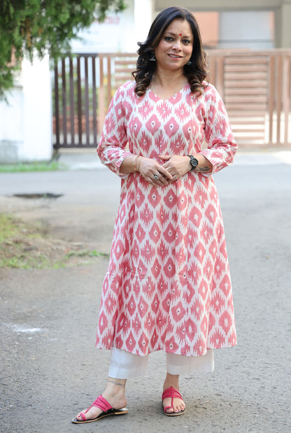 Peach Ikat Kurta with Hand Mirror Work on Front Panel