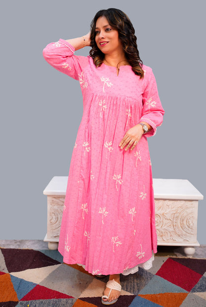 Pink Hand Block Schiffli Kurti/ Dress
