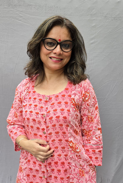 Set of 2 Pink Flora Hand Block Cotton Kurta Pant Set