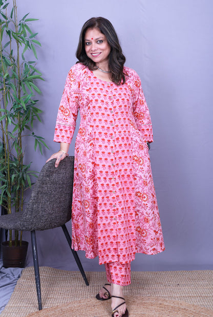 Set of 2 Pink Flora Hand Block Cotton Kurta Pant Set