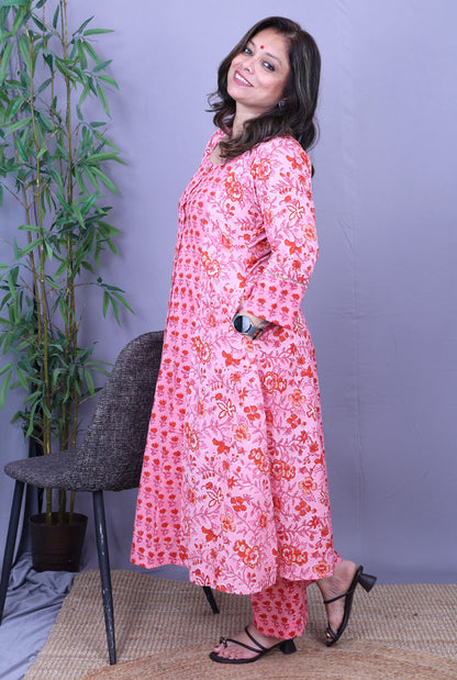Set of 2 Pink Flora Hand Block Cotton Kurta Pant Set
