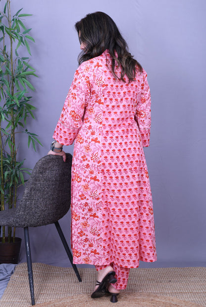 Set of 2 Pink Flora Hand Block Cotton Kurta Pant Set