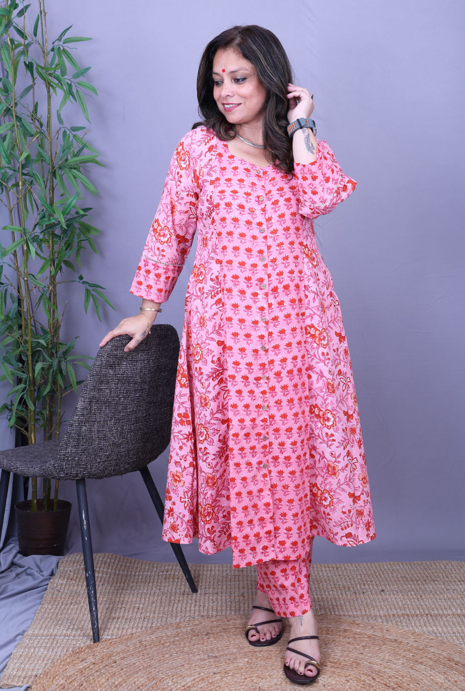 Set of 2 Pink Flora Hand Block Cotton Kurta Pant Set