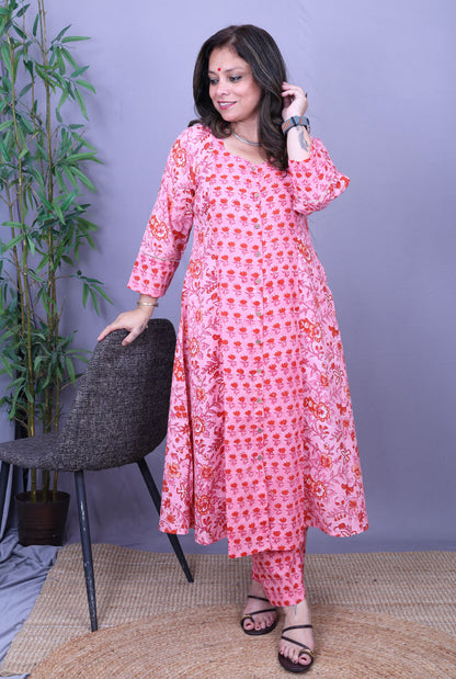 Set of 2 Pink Flora Hand Block Cotton Kurta Pant Set