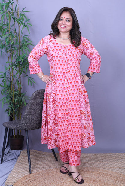 Set of 2 Pink Flora Hand Block Cotton Kurta Pant Set