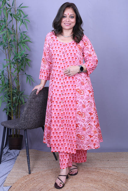 Set of 2 Pink Flora Hand Block Cotton Kurta Pant Set