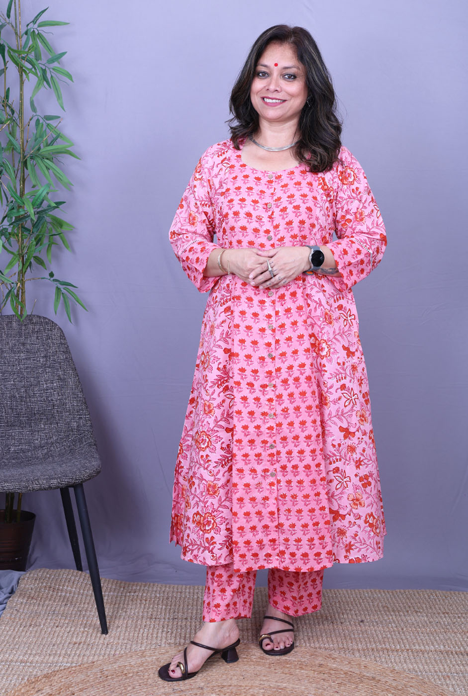 Set of 2 Pink Flora Hand Block Cotton Kurta Pant Set