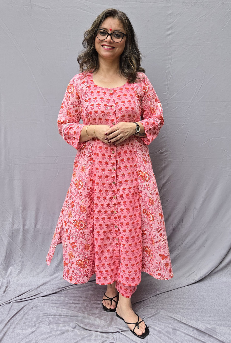 Set of 2 Pink Flora Hand Block Cotton Kurta Pant Set