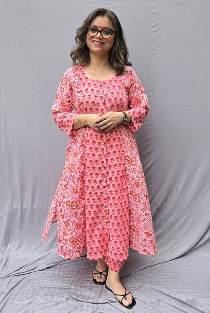 Set of 2 Pink Flora Hand Block Cotton Kurta Pant Set