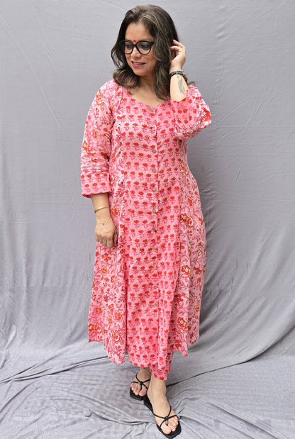 Set of 2 Pink Flora Hand Block Cotton Kurta Pant Set
