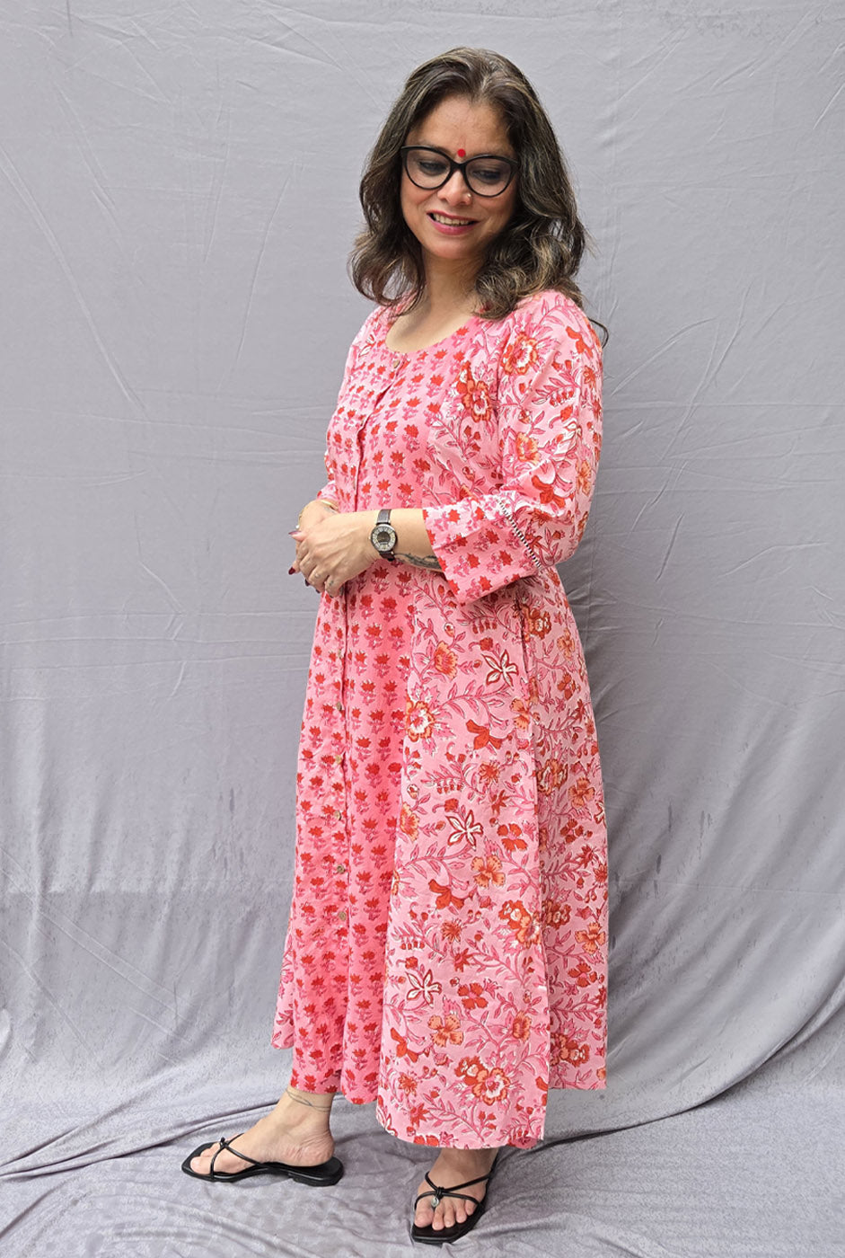 Set of 2 Pink Flora Hand Block Cotton Kurta Pant Set