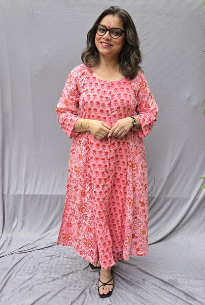 Set of 2 Pink Flora Hand Block Cotton Kurta Pant Set