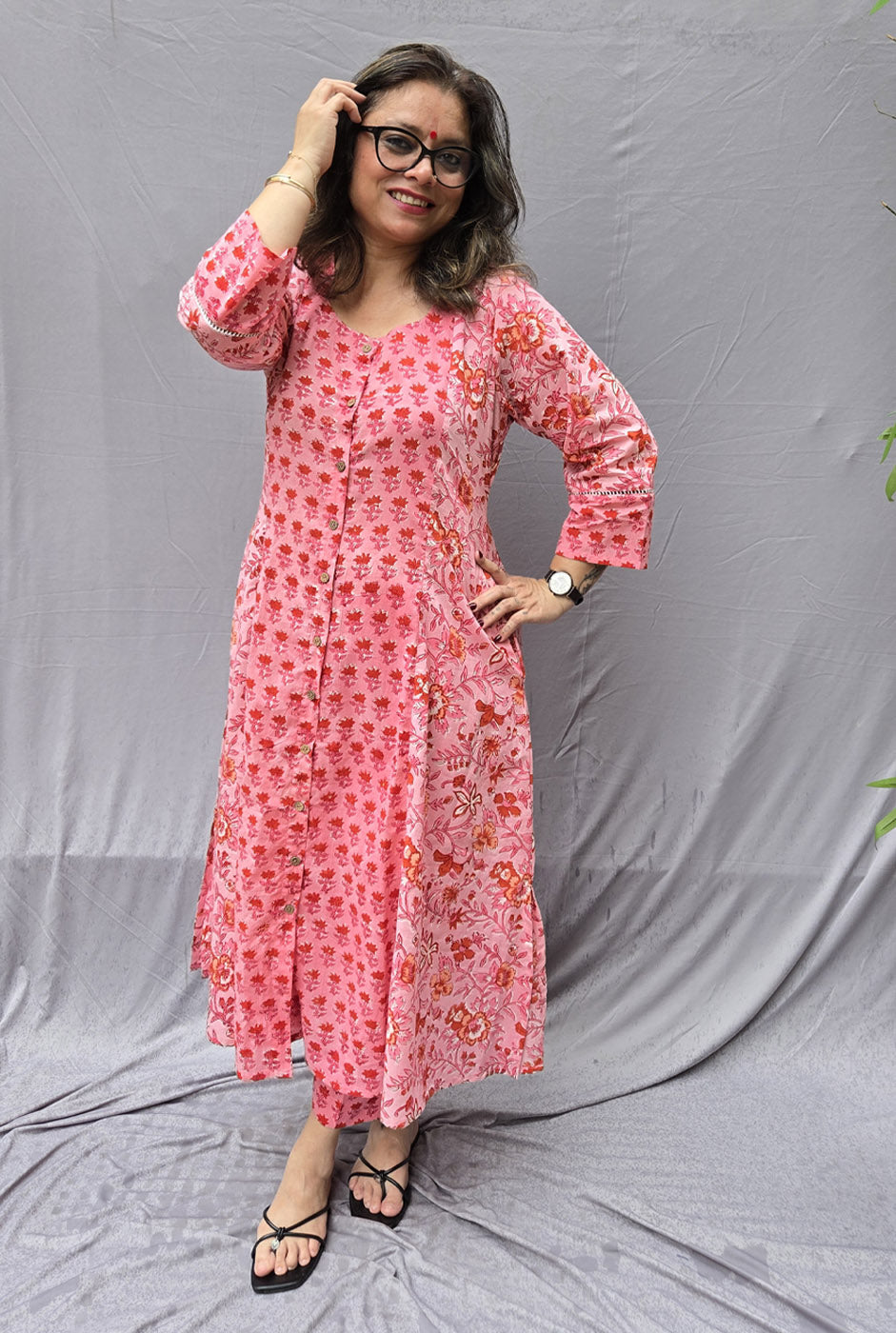 Set of 2 Pink Flora Hand Block Cotton Kurta Pant Set