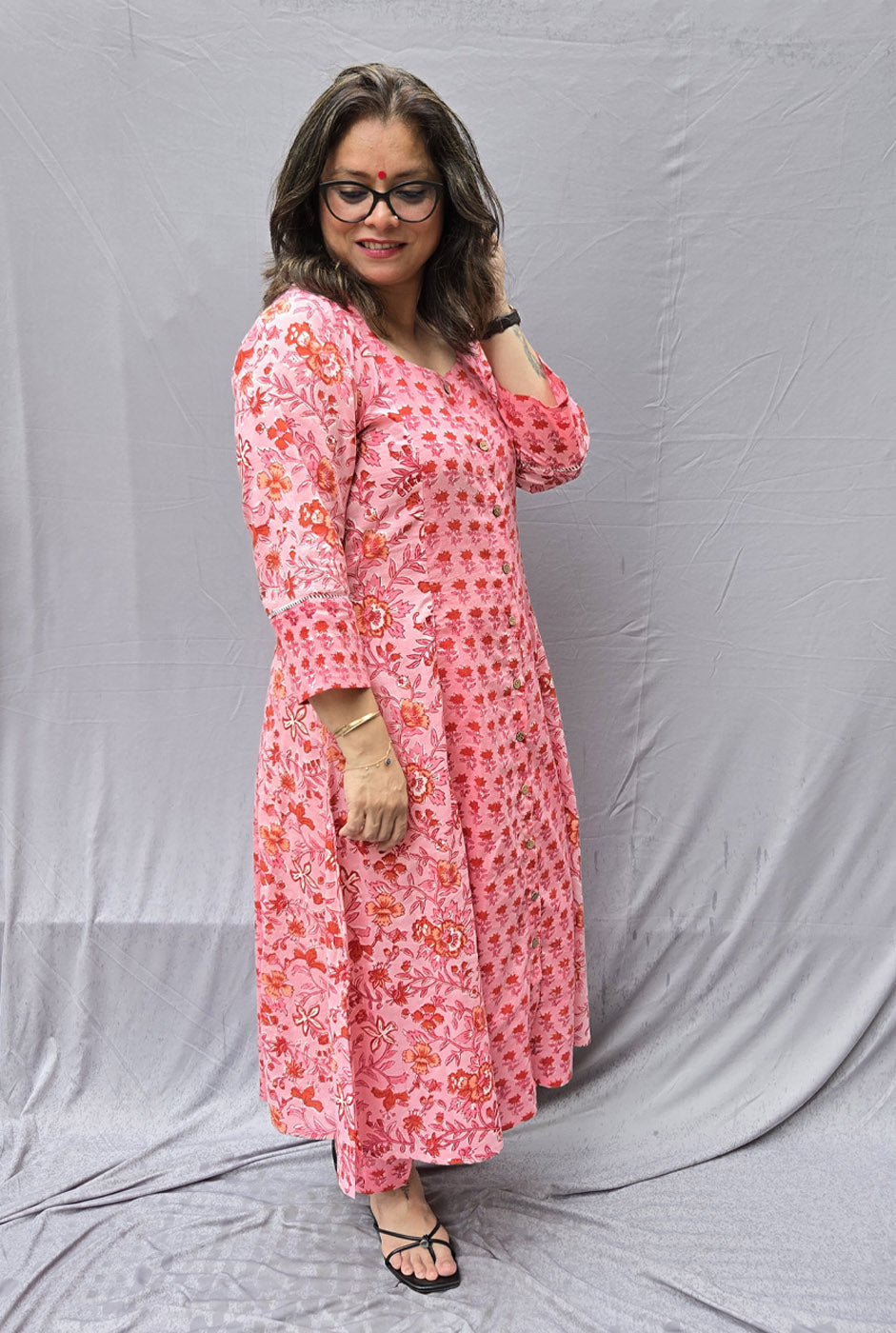 Set of 2 Pink Flora Hand Block Cotton Kurta Pant Set