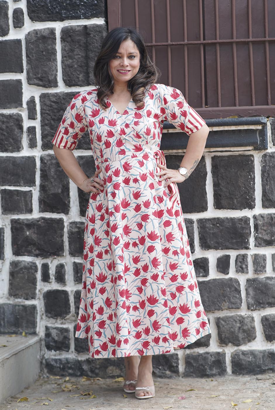 Gulmohar Red Hand-Blocked Wrap Around Dress