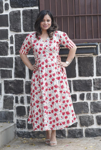 Gulmohar Red Hand-Blocked Wrap Around Dress