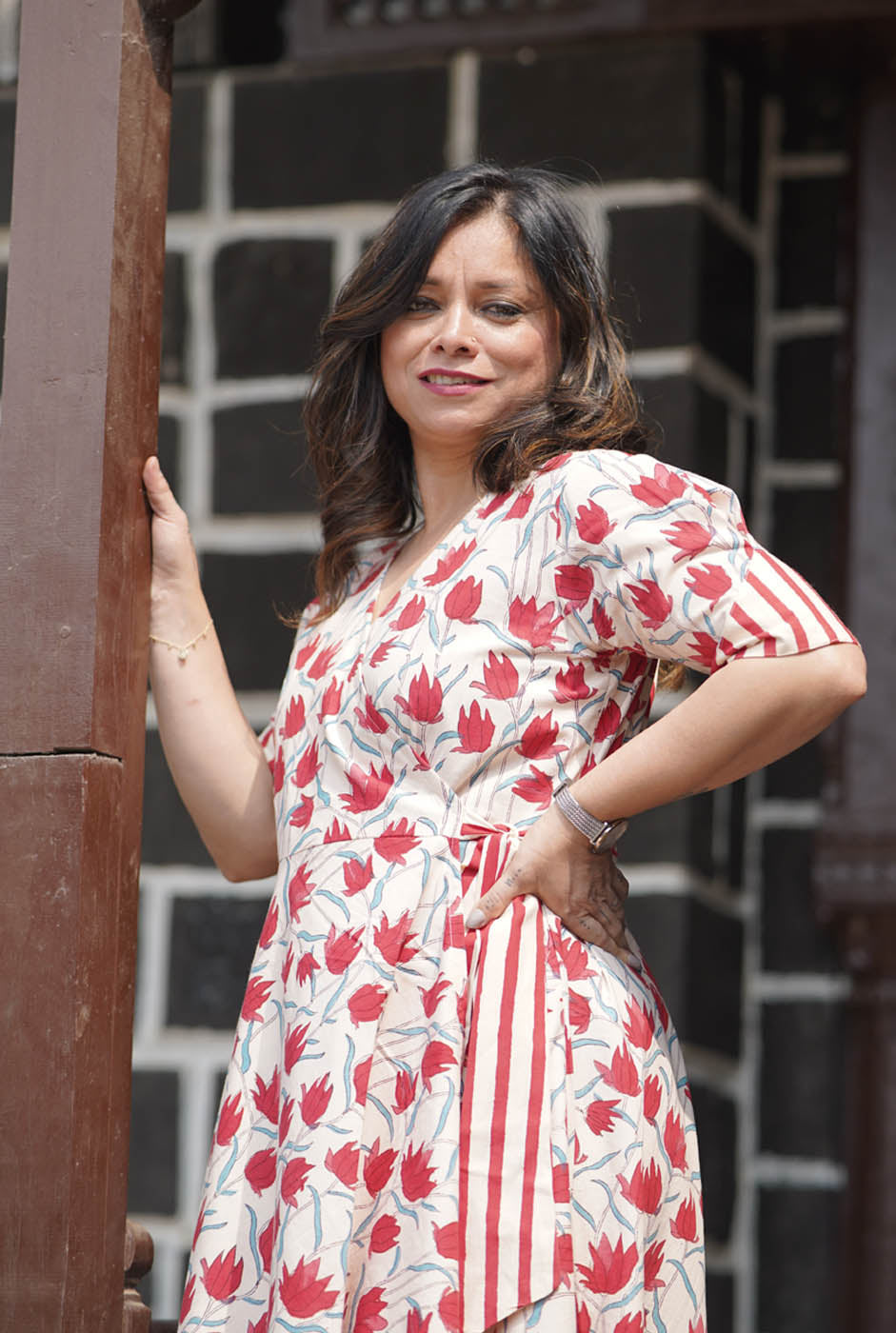 Gulmohar Red Hand-Blocked Wrap Around Dress