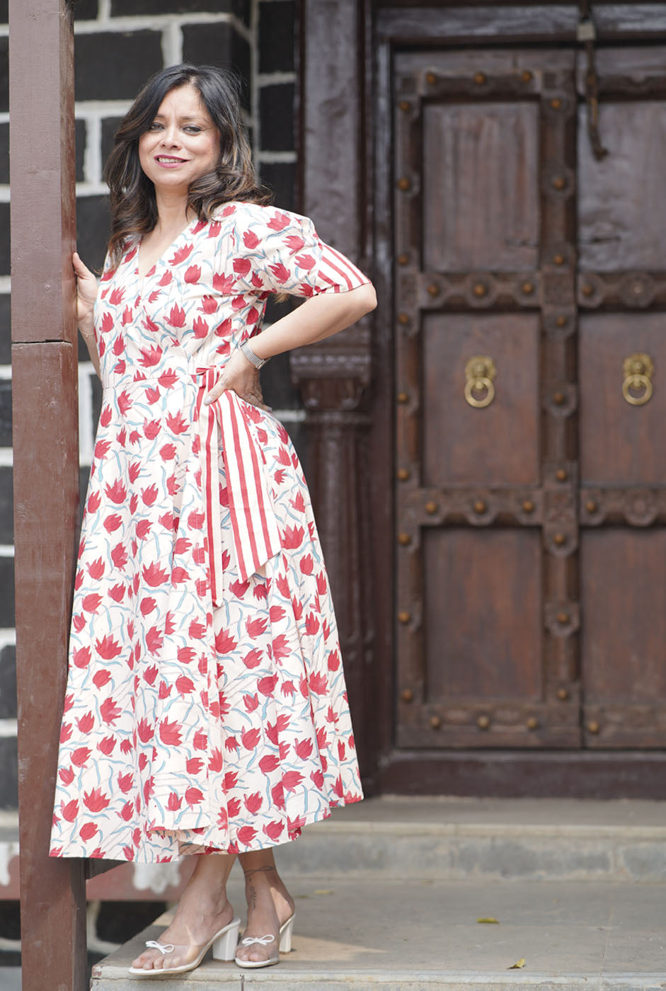Gulmohar Red Hand-Blocked Wrap Around Dress