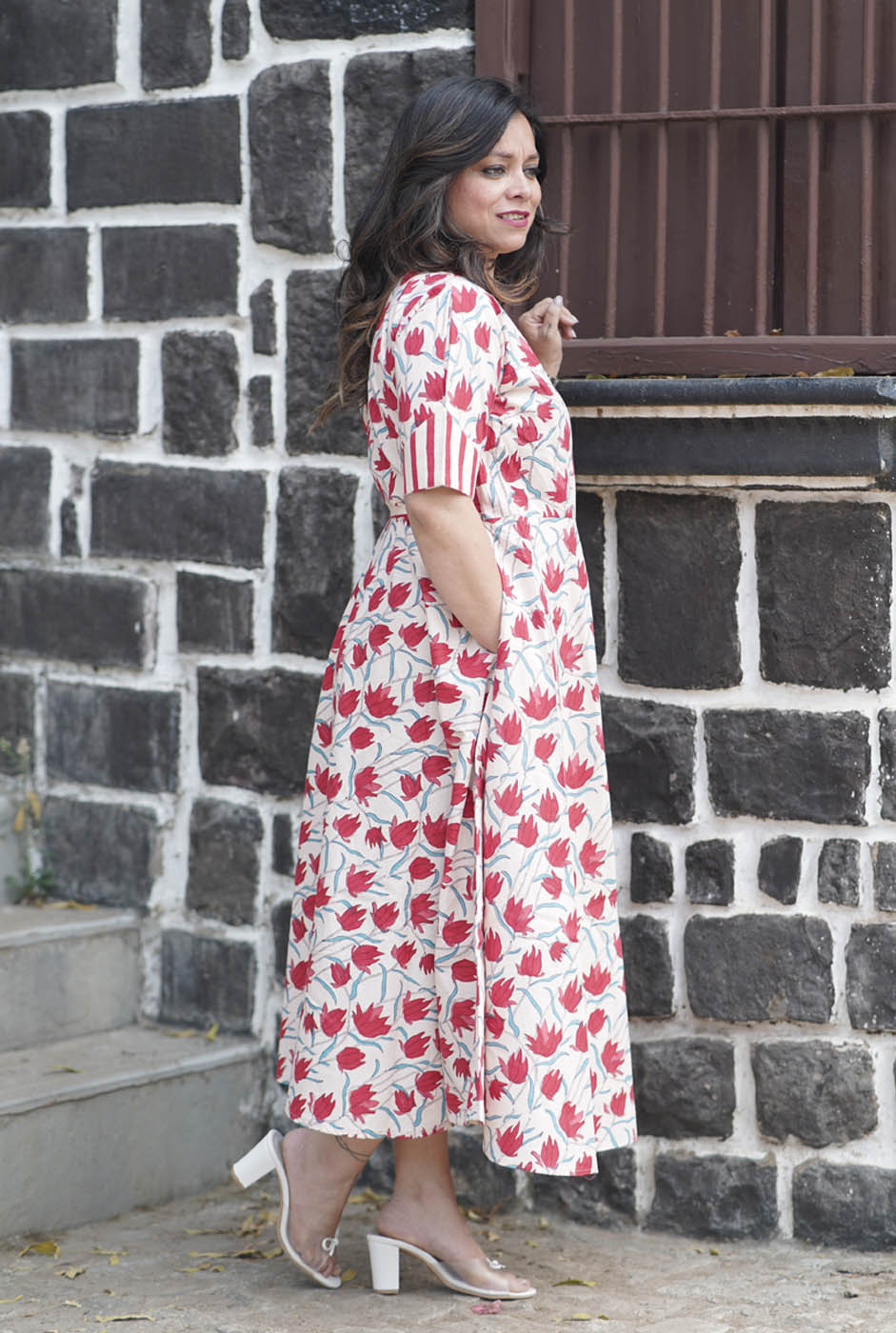 Gulmohar Red Hand-Blocked Wrap Around Dress