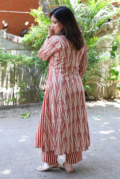 Red Hand Blocked Kurti Pant Set in Angrakha Style