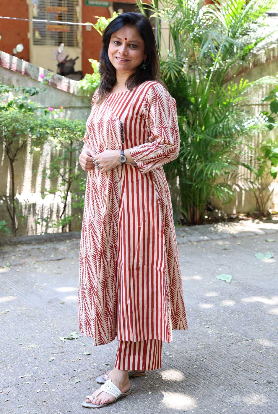 Red Hand Blocked Kurti Pant Set in Angrakha Style