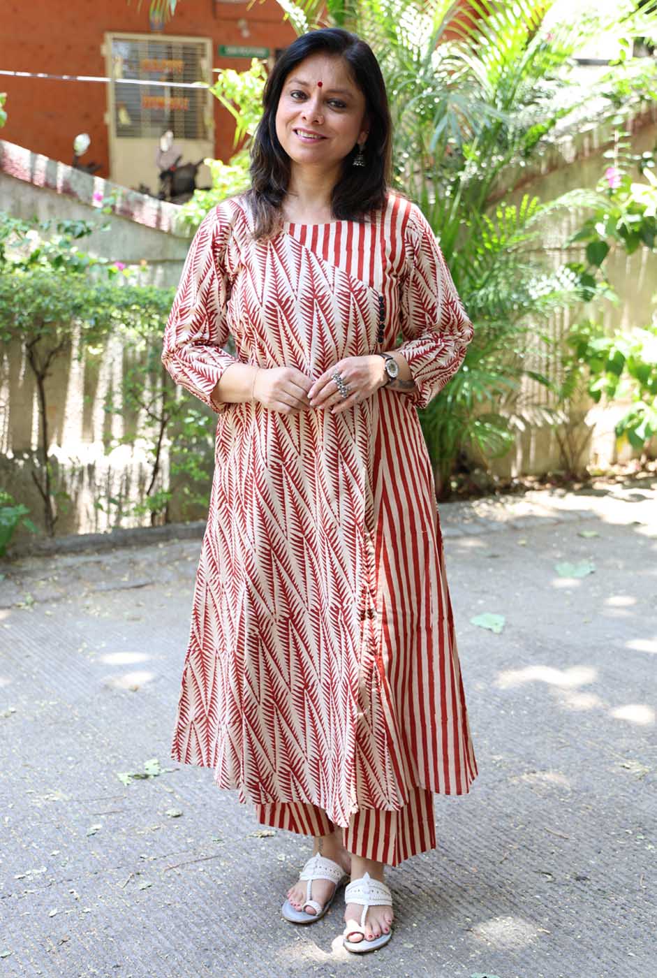 Red Hand Blocked Kurti Pant Set in Angrakha Style