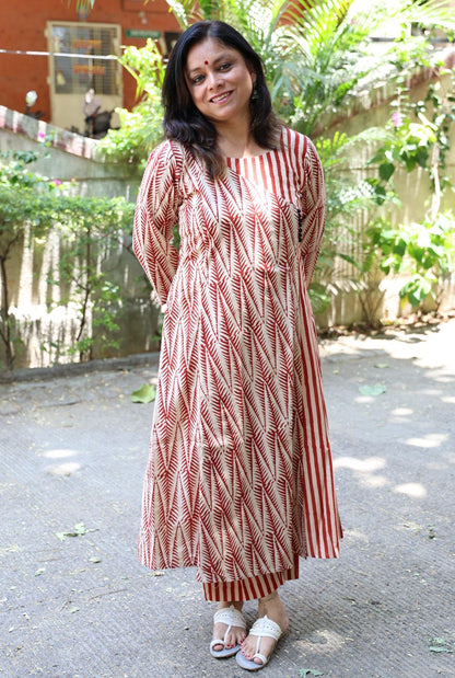Red Hand Blocked Kurti Pant Set in Angrakha Style