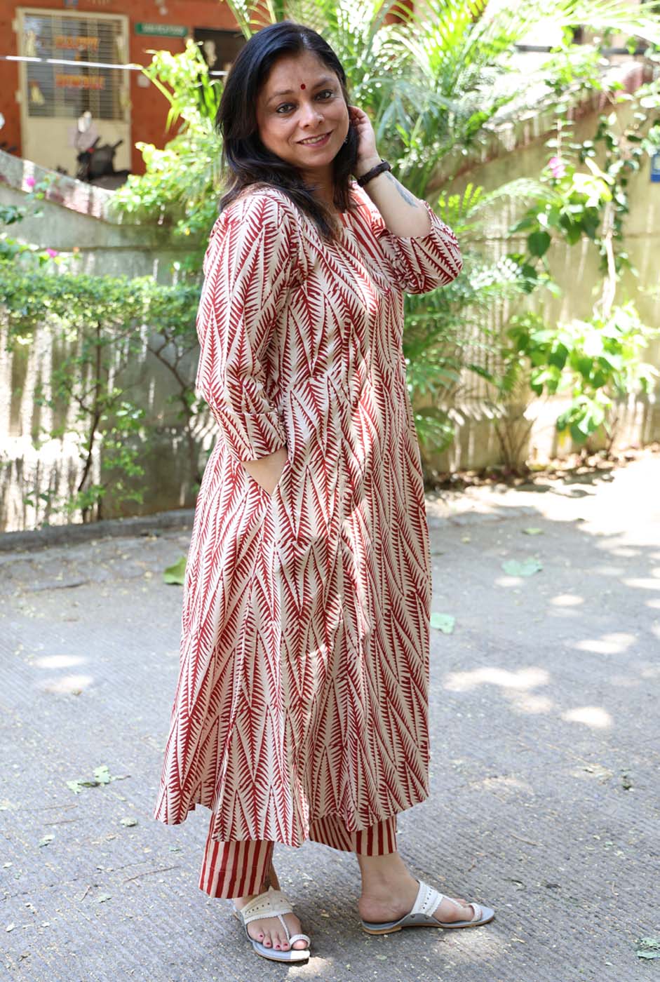 Red Hand Blocked Kurti Pant Set in Angrakha Style