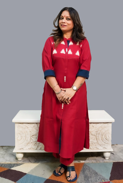 Red Handloom Cotton Kurti with Double Ikat Yoke
