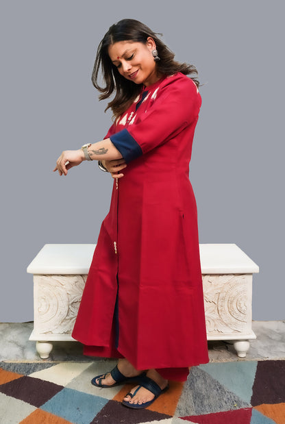 Red Handloom Cotton Kurti with Double Ikat Yoke
